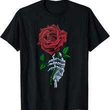 Skeleton Hand Holding Stem Flower Graphic Design Red Rose T-Shirt.Jpg - Black - View 1