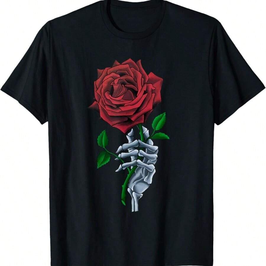 Skeleton Hand Holding Stem Flower Graphic Design Red Rose T-Shirt.Jpg - Black - View 1