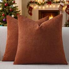 1pc Chenille Solid Striped Decorative Throw Pillow Cover, Suitable For Sofa, Living Room, Bed - Burnt Orange - View 1