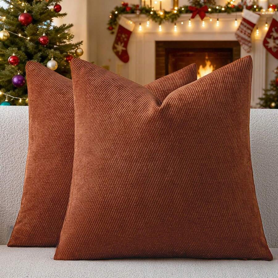 1pc Chenille Solid Striped Decorative Throw Pillow Cover, Suitable For Sofa, Living Room, Bed - Burnt Orange - View 1