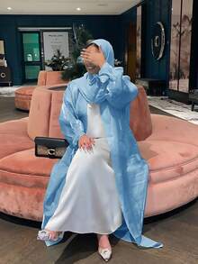 Áo choàng Abaya dài dáng rộng thanh lịch dành cho nữ, chất liệu voan mỏng, kiểu kimono, tay cánh dơi, không kèm khăn trùm đầu, không kèm áo lót bên trong, giao hàng nhanh chóng mùa xuân. - Màu xanh nhạt - Xem 4