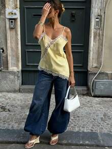 Elegant Criss-Cross Lace Sexy High-End Satin Glossy Date Street Style Spring/Summer Yellow Fashion Elegant Casual Minimalist Luxurious Retro Romantic Holiday Street Loose Comfortable Commute Soft Skin-Friendly Women Camisole - Yellow - View 4