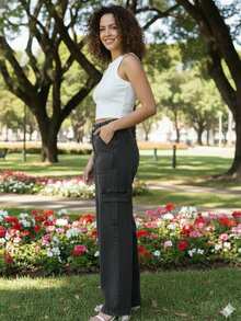 Women's Colorful Cargo Jeans 2023 New - Dark Grey - View 2