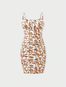 Family Matching Colorblock Cotton Tee Or Flora Print Strap Body-Con Dress Or Mesh Splicing Dress - Khaki - View 3