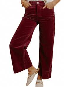 Solid Color High Waist Wide Leg Corduroy Pants - Màu Đỏ Sâu - Xem 6