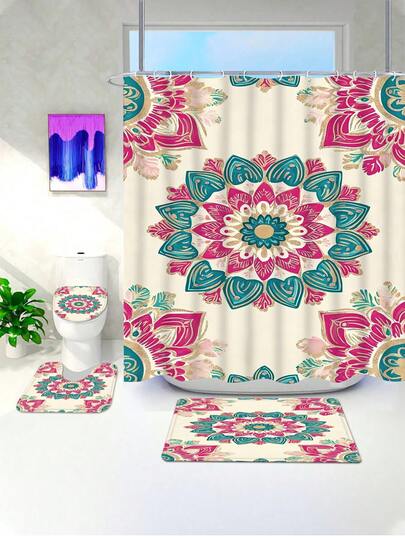 1/4pcs Pink & Green Metallic Mandala Shower Curtain Set, Includes Shower Curtain, Toilet Mat, Floor Mat, Etc. Featuring 3D Mandala Floral Pattern (Pink + Green Contrast + Gold Trim), Exotic Vibe. Suitable For Bathroom Decor, Daily Refresh Or Unique Gift