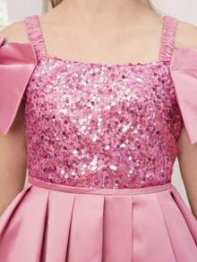 Tween Girls Spaghetti Strap Sequin Bow Satin Elegant Hosting School Party Trailing Princess Dress, Suitable For Birthday Party, Prom, Does Not Include Headband - Dusty Pink - View 9