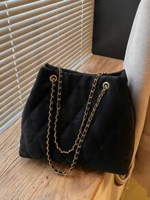 Large Capacity Fashion Tote Bag, Padded, Embroidered Quilted, Soft, Winter Chain Strap Shoulder Crossbody Bag For Women - Black - View 9