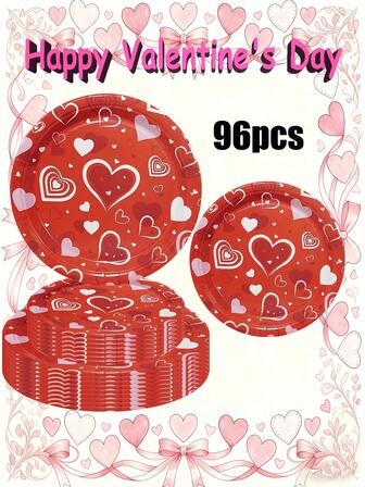 [Alla hjärtans dag-erbjudande] 24/96/100 st/set engångsservis, inkluderar 7" och 9" papperstallrikar, lämpliga för dagliga sammankomster, födelsedagsfester, klubbaktiviteter, eftermiddagste och temafester. Köks- och matsaldekor, festtillbehör, festdekorationer, papperstallrikar, mattallrikar, mattillbehör, pappersmuggar, fest, hjärtformat mönster, engångspapperstallrikar
