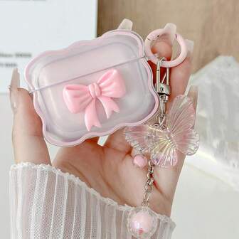 1 pieza Estuche para auriculares con lazo 3D de borde ondulado color rosa + Llavero con carcasa para auriculares Bluetooth con diseño de mariposa láser, compatible con Apple 1st/2nd/3rd/Pro/Pro 2nd Generation