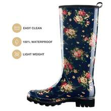 HISEA Women's Rain Boots Slim Calf Fashion Waterproof Garden Shoes Colorful Printed Rubber Boots Anti-Slipping Rainboots For Ladies Tall Knee High Outdoor Rain Shoes - Hoa hồng xanh - Xem 2