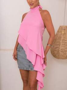 Women's Blouse With Elegant High Neck, Asymmetrical Band, Double Ruffle, And Draped Fit. - 淺粉色 - 查看 1
