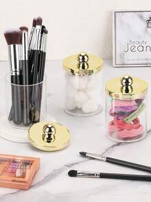 4/Iece Swab Storage Box Set, Medicine Jar Set, Bathroom Storage Jars With Gold Lids, Suitable For Swabs, Pills, Mats, Floss Picks, Etc., 10 Oz Plastic Jars, Suitable For Bathroom, Bedroom, And Dressing Table Storage.