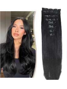 Bộ 8 lọn tóc nối thẳng tự nhiên dạng kẹp, 2 lọn/bộ, dành cho nữ, màu đen tự nhiên, 20 kẹp - SNatural - Xem 4