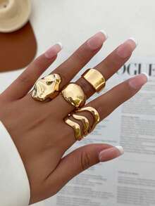 3 件复古朋克夸张不对称几何镂空圆环套装，简约时尚多层独特设计厚首饰套装，女士日常休闲、节日、派对和宴会魅力配饰礼物 - 銀色 - 查看 3