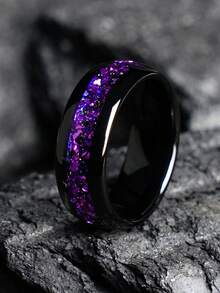 Starry Sky Series Nebula Space Black Tungsten Steel Ring 8mm Wide Band With Purple Synthetic Opal Inlay | Gunmetal Finish | Engagement & Anniversary Gift For Men | Durable And Stylish Wedding Accessory, Best For Christmas - Multicolor - View 8