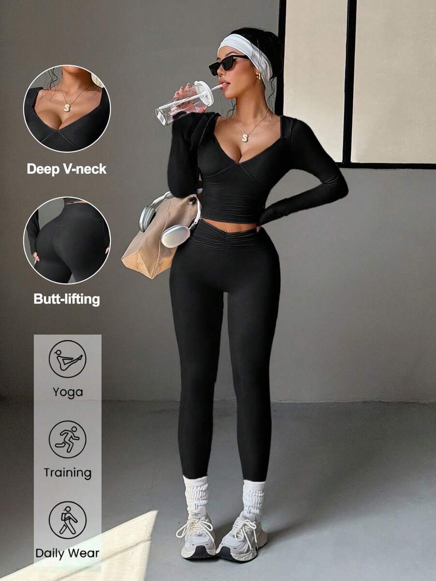 Aoqta Sport Damen Zweiteiler Herbst Lässig Outdoor Sport Laufen Fitness einfarbig Langarm V-Ausschnitt Top und schlanke hochgeschnittene Hose Yoga Set