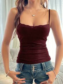 Áo hai dây ren phối nhiều mảnh GAOVOT dành cho nữ, kiểu dáng ôm sát gợi cảm phong cách Y2K, thích hợp cho mùa xuân/hè. - Đỏ gạch - Xem 6