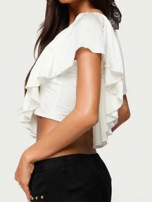 Giufajk Women's Short Sleeve Crop Tops Asymmetrical Hem, Heart Neckline Corset Y2k Tops For Women With Ruched Detail Streetwear Club Outfit - trắng - Xem 5