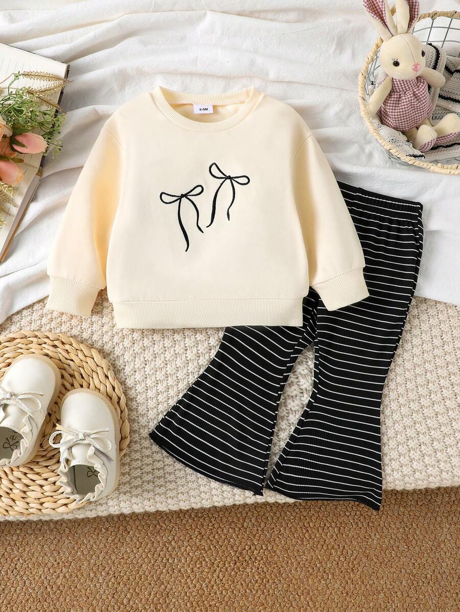 2件套女婴休闲可爱长袖卫衣+条纹喇叭裤套装，轻薄透气，适合春秋季穿着 - 黑色 - 查看 1