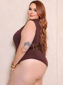 Women's Plus Size Short Sleeve Tank Top Bodysuit, Summer Style, Square Neckline With Closure - Rust Brown - View 3
