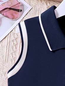 Tween Girl Knight Print Sleeveless Polo Collar Half-Zip Dress - Royal Blue - View 4