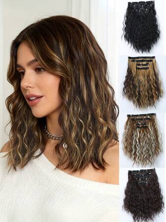 4 Packs 12-Inch Curly Hair Extensions, Clip-In Hair Extensions Short Soft Natural Wavy Hairpieces, High Temperature Fiber Invisible Clip-In Extensions For Women, Chocolate Brown And Honey Blonde