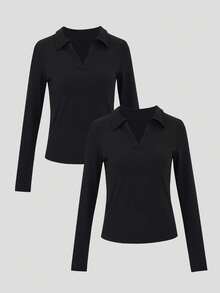 Set de 2 polos deportivos de primavera para mujer, camiseta de manga larga para fitness y entrenamiento en el gimnasio, estilo deportivo minimalista y elegante, adecuado para gimnasio, yoga, correr y hacer ejercicio