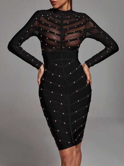 Bernatova Women's Sexy New Year Christmas Long Sleeve Classic Round Neck Mini Rivet Mesh Bandage Cocktail Dress, Suitable For Valentine's Day, Prom, Thanksgiving, Wedding Guest, Cocktail Party, Evening Party