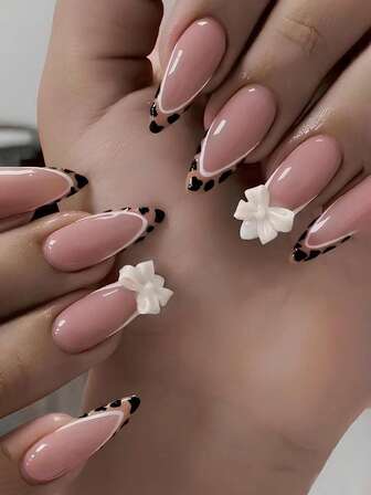 10pcs Y2K Style Leopard Print Bow Press On Nails - White Bow Almond Nail - Pink Nude Base, Leopard Print French Style, Three-Dimensional Bow Embellishment Fake Nails - Essential Nails For All Seasons, Suitable For Daily Use, Commuting, And Dating - The Best Gift For Fashionable Women And Delicate Girls