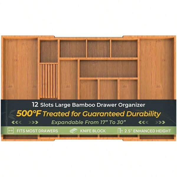 Organizador de cajón de cocina de bambú carbonizado, organizador de cubiertos expandible de 10 ranuras, soporte de utensilios y bandeja de cubiertos, profundidad de 2.2" para mayor capacidad, incluye patas antideslizantes