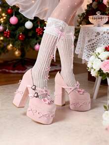 Pink Bow Platform Heels Gothic Mary Jane Pumps For Women Chunky High Heels Buckle Block Heels Sweet Lolita Cosplay Dress Shoes For Christmas Party Auspicious New Year Gifts Valentine Day - Hồng - Xem 2