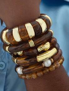 imoli Bộ 5/6 chiếc vòng tay nữ hình học cổ điển đính hạt CCB hình ống cong giả ngọc trai tối giản, đa năng, phù hợp đeo hàng ngày, thường ngày, dự tiệc, làm quà tặng - Nhiều màu - Xem 12