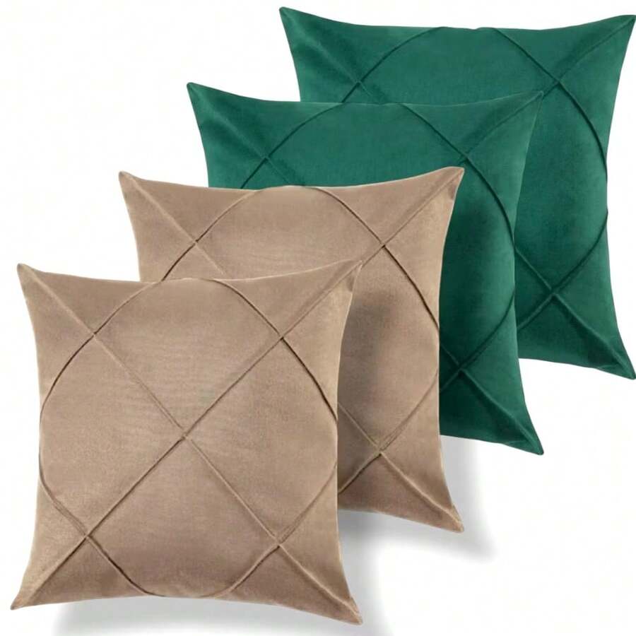 Set Of 4 And 2 Draped Suede Cushion Covers 44x44cm Decoration - Beige/Green - View 1
