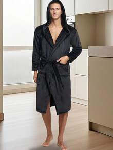 Mens Plush Fleece Hooded Robe, Soft Warm Long Bathrobe With Pockets, Cozy Spa Shower Robe - Black - View 2