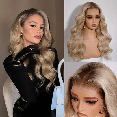 200% Density 13x4 Lace Frontal Highlight Beige With Dark Roots Colored Human Hair Wig Salon Quality Balayage Color Wig Omber Blonde 13x4 Upgrade Nude Color Lace Wig Breathable Cap Lightweight Design Wig Spring And Summer Collection Wigs Heat Resistant Wig