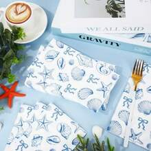D50Pcs Ocean Guest Napkins Blue Bow Starfish Seashell Disposable Paper Napkin Coastal Beach Dinner Hand Towel Napkin For Bathroom Summer Wedding Party Table Plies - Màu xanh lam - Xem 4