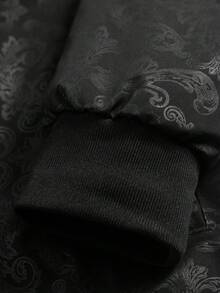 1pc Men's Classic Baseball Jacket With Zipper Closure, Ribbed Collar/Cuffs/Hem, Suitable For Various Body Types, Fabric With Subtle Vintage Patterning On Black Background - Black - View 7