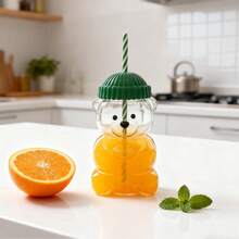 Mini Cute Transparent Bear Straw Cup, With Green Hat Bear Shaped Lid And Straw, Unique Office Design, Transparent Creative Cocktail Cup, Suitable For Juice And Milk Tea, INS Style Cartoon Reusable Travel Cup, Christmas, Valentine's Day, Birthday Gift - Multicolor - View 2