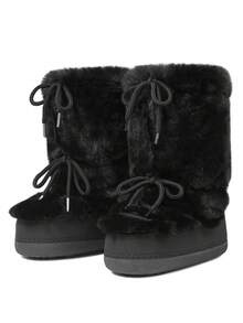 Knee High Boots For Women Mid-Calf Flat Fuzzy Boots Round Toe Slip On Boots Lace Up Bow Comfortable Boots Party Dressy Outdoor Fashionable Fashion Boots - 黑色-B - 查看 7