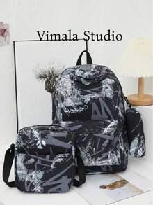 Three Pieces Set Backpack With Lunch Box & Pencil Case, Dirt Resistant Ultra Lightweight Large Capacity Backpack Set, Travel Junior High School Camping Backpack, School Bag, Backpack, Small Backpack, Bag School, Backpack, Bag, Rucksack, School Bag Boy Giftback To School Essentials, Bags For University, University Essentials - Black - View 1