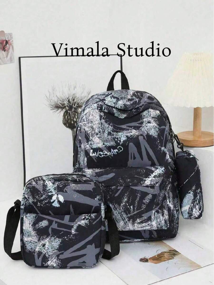 Three Pieces Set Backpack With Lunch Box & Pencil Case, Dirt Resistant Ultra Lightweight Large Capacity Backpack Set, Travel Junior High School Camping Backpack, School Bag, Backpack, Small Backpack, Bag School, Backpack, Bag, Rucksack, School Bag Boy Giftback To School Essentials, Bags For University, University Essentials - Black - View 1
