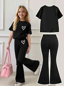 Tween Girl Cartoon Print Short Sleeve Top And Skinny Flare Pants Set - Black - View 2