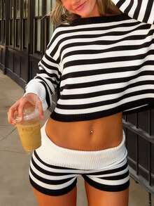 Women's Striped Knit Shorts, Versatile Slim-Fit Striped Shorts For Women - 黑色 - 查看 2