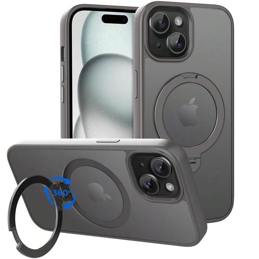 Magnetic Case For For IPhone 15 6.1 Inch With 360 Rotatable Ring Stand, Compatible With Mag Car Phone Mount, For IPhone 15 Cases Cover Phone Holder For Desk Meeting/Videos,6.1inch(ForFor IPhone15),LightGray - Lightgray - View 1