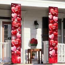 1 Pair Valentine's Day Decorative Porch Sign, Suitable For Front Door, Red & Pink Heart Outdoor Home Porch Decor Banner, Welcome Sign Background For Valentine's Day Party