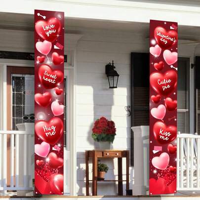 1 Pair Valentine's Day Decorative Porch Sign, Suitable For Front Door, Red & Pink Heart Outdoor Home Porch Decor Banner, Welcome Sign Background For Valentine's Day Party