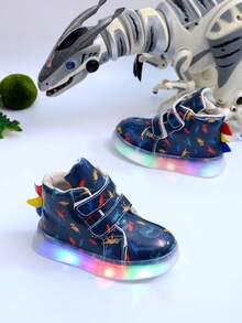 Fashionable Dinosaur LED Lighting Soft Leather High-Top Sneakers, Suitable For Boys And Girls - Casual, Shock-Absorbing, All-Season Anti-Slip Outdoor Running And Walking Shoes - 藍色 - 查看 3