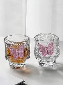 1 pieza/2 piezas Vaso de vino mini con diseño de mariposa martillado estilo Ins, taza de té para el hogar, vaso de chupito para licores, vaso de chupito con diseño de mariposa para bebidas espirituosas - transparente - Ver 8