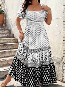 Plus Size Women Elegant Geometric Floral Print Ruffle Hem Vacation Dress Summer - Black and White - View 2